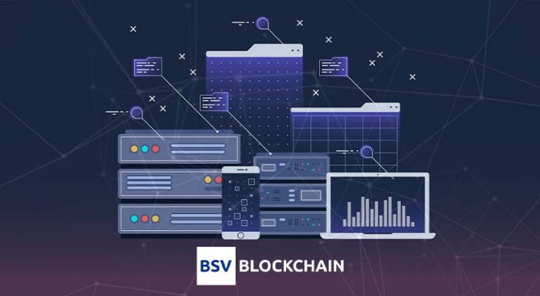 Data management system background with BSV blockchain logo