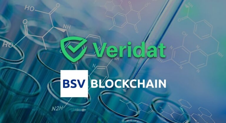 BSV Blockchain and Veridat logo on a medical blockchain concept background