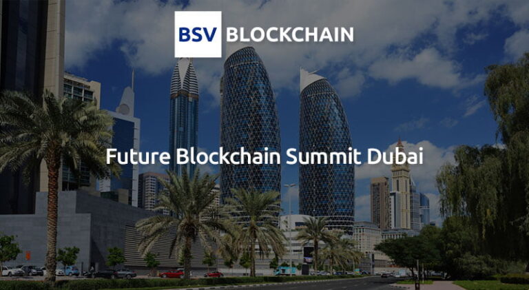 BSV Blockchain logo with Future Blockchain Summit - Dubai text with background of Dubai World Trade Center