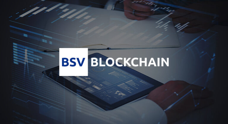 BSV blockchain logo on background of tablet with graphs