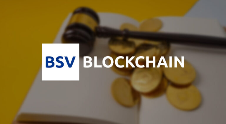 Gavel and coins on top of open book with BSV Blockchain logo