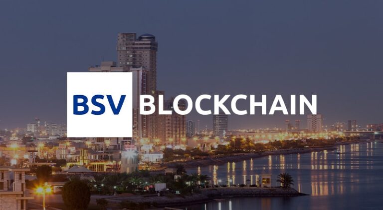 BSV Blockchain logo with Dubai background