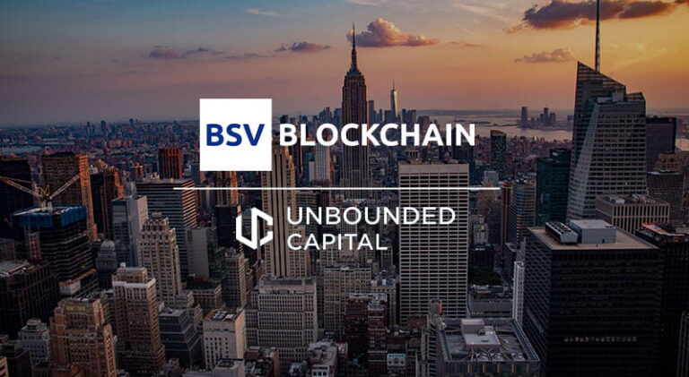 BSV Blockchain and Unbounded capital logo on background of New York cityscape