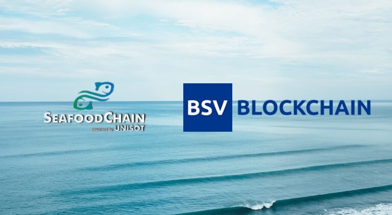 BSV Blockchain and Unisot logo with a background of a sea