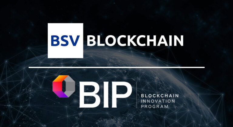 BSV Blockchain logo and BIP logo on blockchain network concept