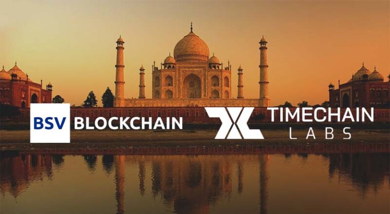 Taj Mahal with BSV Blockchain and Timechain labs logo