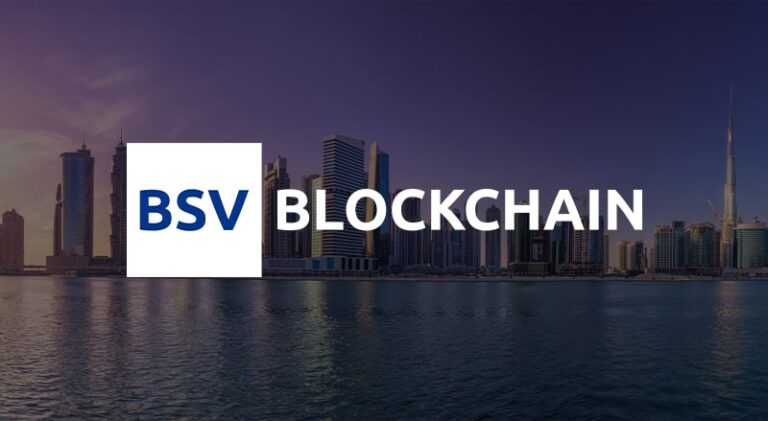 BSV Blockchain Logo over UAE Skyline