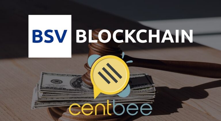 BSV Blockchain and Centbee over gavel and US dollar bills background