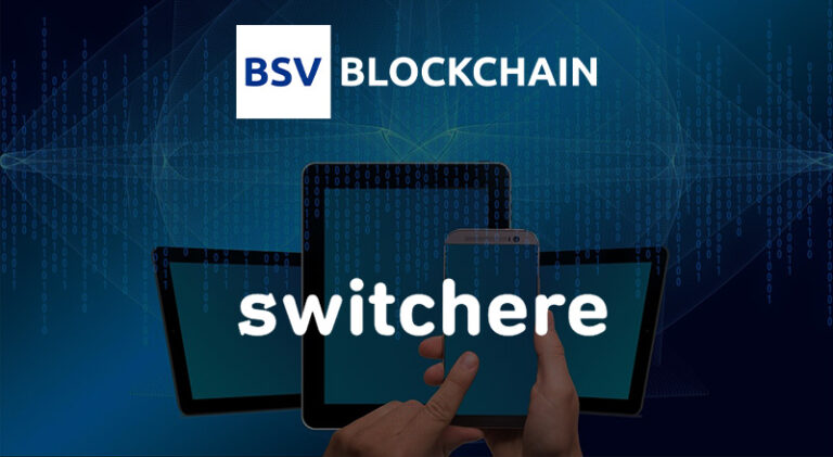 BSV Blockchain and Switchere logo over phone and tablet technology background