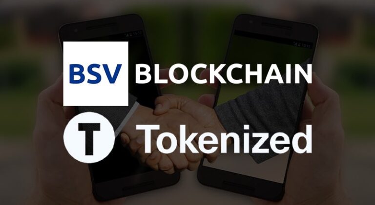 BSV Blockchain and Tokenized logo over digital contract background