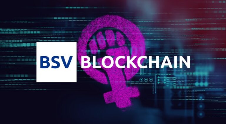 BSV Blockchain and Women's Rights Logo over Blockchain Technical Background